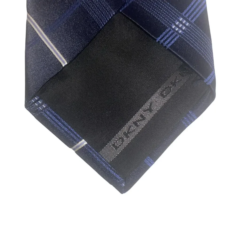 DKNY Men's Black Blue White Plaid 100% Silk Necktie 60”x3.25”